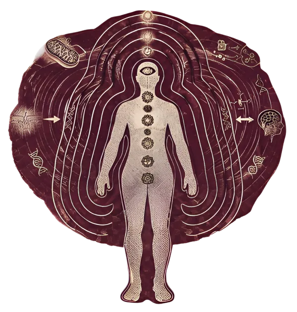 Ilustração de um corpo humano envolto por camadas de energia, representando o biocampo